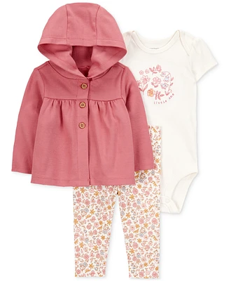 Carter's Baby Girls Cotton Little Cardigan, Bodysuit & Floral-Print Pants, 3 Piece Set