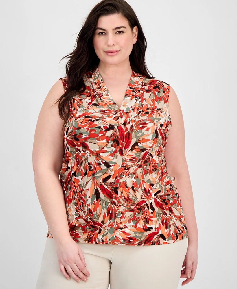 Kasper Plus Printed Pleat-Neck Top