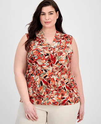 Kasper Plus Printed Pleat-Neck Top