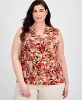 Kasper Plus Printed Pleat-Neck Top