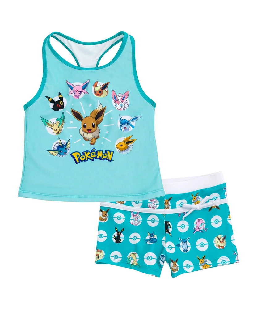 Pokemon Girls Eevee Racerback Upf 50+ Tankini Top and Swim Shorts Outfit Set