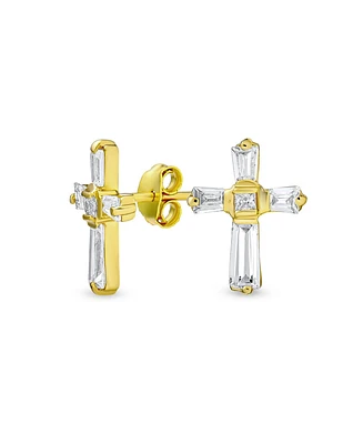 Bling Jewelry Accent Cz Baguette Cross Stud Earrings for Men in Yellow 14K Gold Sterling Silver