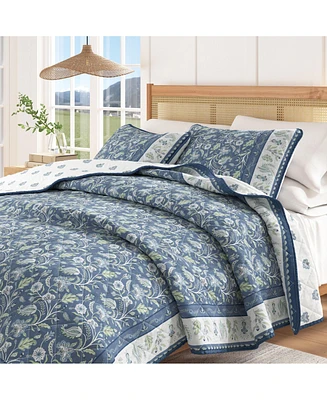 Linery & Co. Cotton Stitched Reversible Boho Floral 3 Piece Quilt and Sham Set