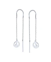 Bling Jewelry Tiny World Peace Sign Dangle Earrings Lightweight Long Flat Chain Threader Sterling Silver