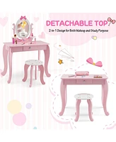 Kid Vanity Table Stool Set with Oval Rotatable Mirror
