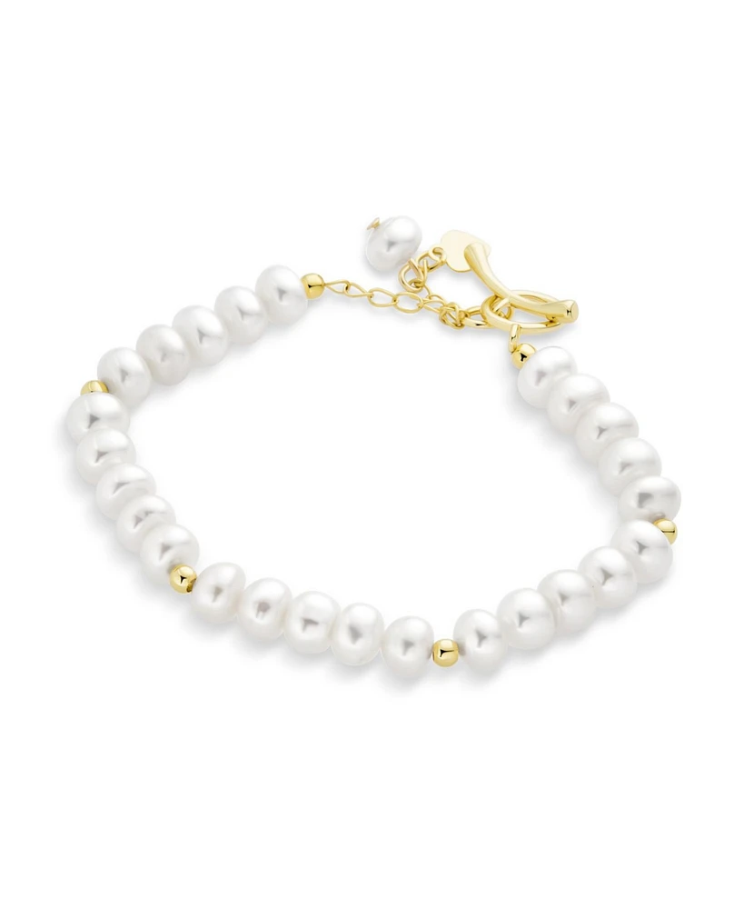 Bling Jewelry Traditional 5MM White Freshwater Pearl Strand Bracelet with Gold Beads 7"