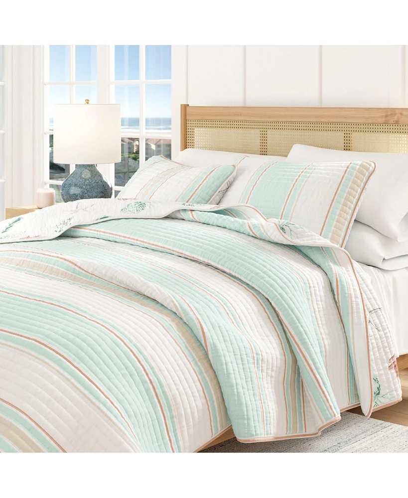 Linery & Co. Cotton Stitched Reversible Coastal 3 Piece Quilt and Sham Set