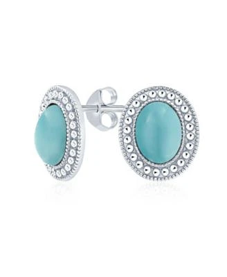 Bling Jewelry Classic Synthetic Stone Milgrain Bezel Halo Oval Stud Earrings Sterling Silver
