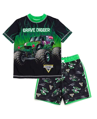 Monster Jam Boys Pullover Rash Guard and Swim Trunks Outfit Set