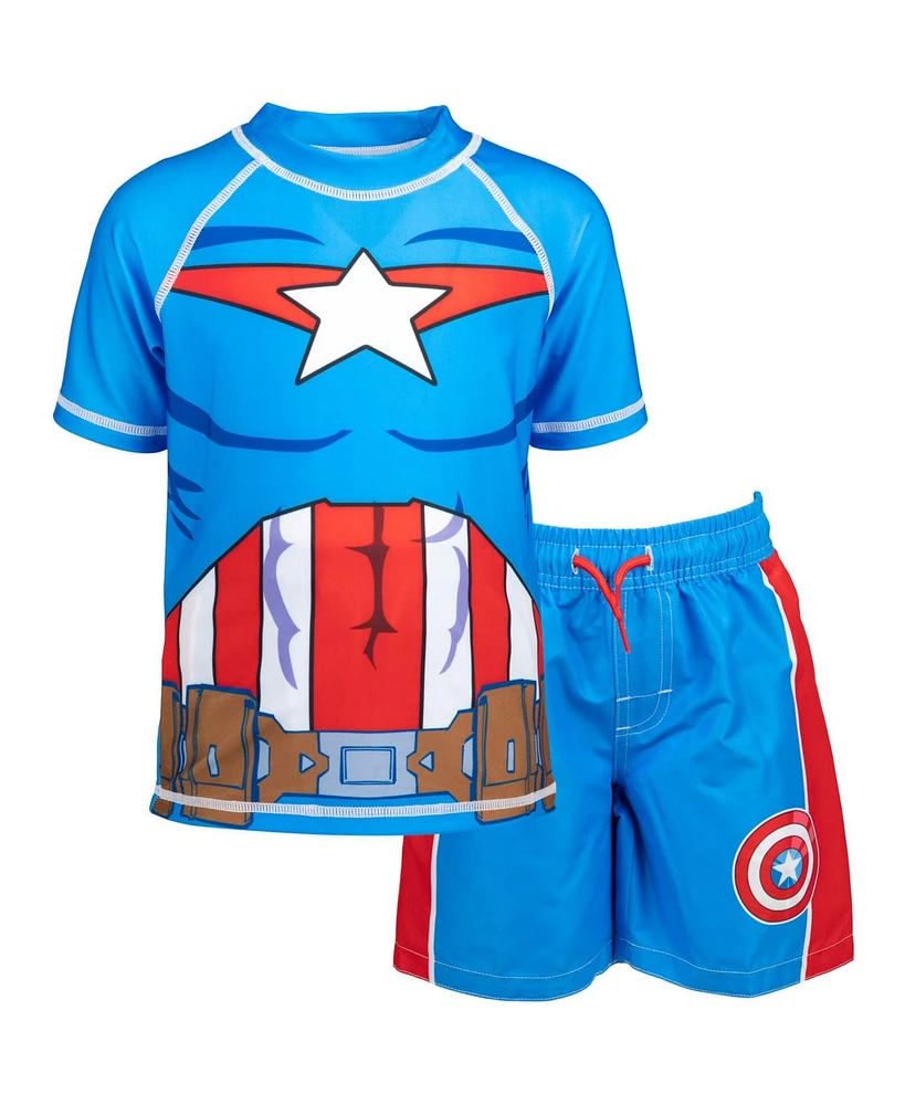 Avengers Toddler Boys Marvel Spider-Man Captain America Hulk Iron Man Pullover Rash Guard & Swim Trunks Outfit Set to