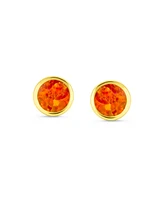 Bling Jewelry Minimalist Round Created Orange Fire Opal Bezel Setting Stud Earrings Yellow Gold Plated .925 Sterling Silver 5MM