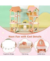 Large 3-Tier Wooden Dollhouse with 32-Piece Furniture Set