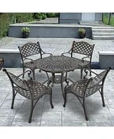 5-Piece Cast Aluminum Outdoor Furniture Patio Dining Set Table with Umbrella Hole Chairs