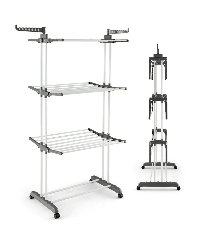 Foldable Clothes Drying Rack, Oversized 4-Tier Collapsible Laundry Rack w/ 3 Retractable Trays, Hanger Holders