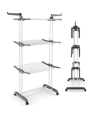Foldable Clothes Drying Rack, Oversized 4-Tier Collapsible Laundry Rack w/ 3 Retractable Trays, Hanger Holders