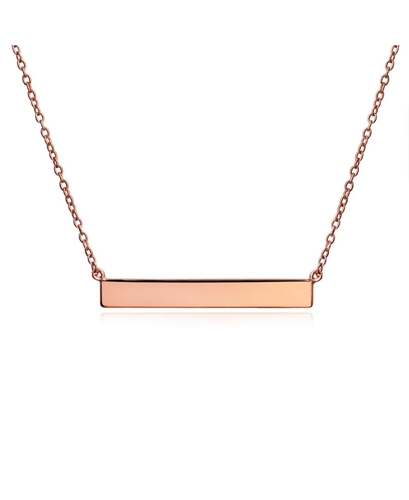 Bling Jewelry Thin Name Plated Sideways Horizontal Flat Bar Pendant Necklace Rose Gold Sterling Silver
