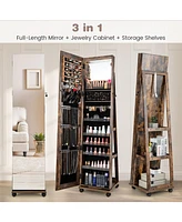 64 Inches Lockable Jewelry Cabinet Armoire with Built-in Makeup Mirror