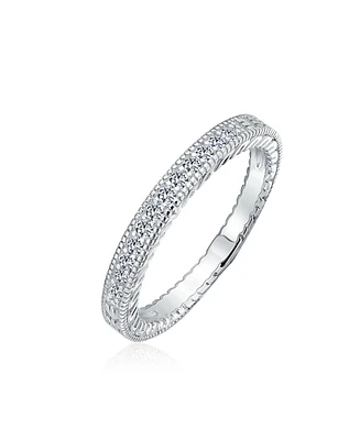 Bling Jewelry Pave Cz Cubic Zirconia Thin Band Ring Etched Milgrain .925 Sterling Silver