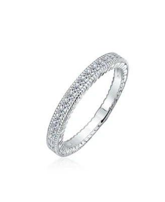Bling Jewelry Pave Cz Cubic Zirconia Thin Band Ring Etched Milgrain .925 Sterling Silver