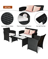 4PCS Outdoor Patio Rattan Furniture Conversation Set Cushioned Sofa Coffee Table