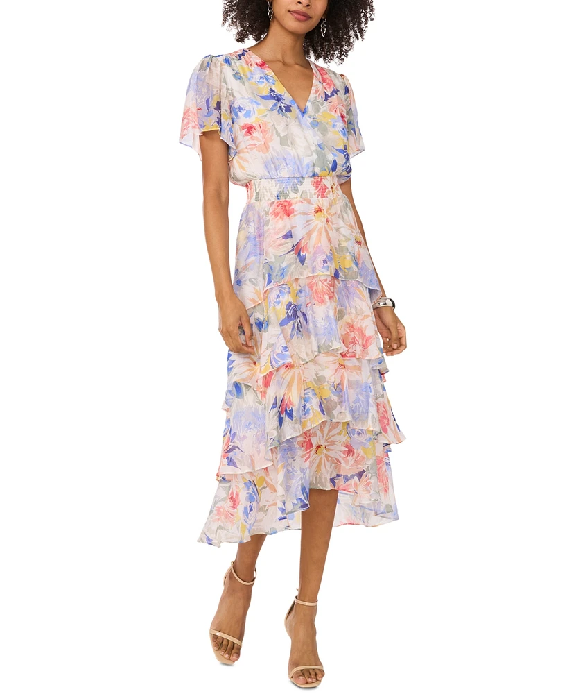 Vince Camuto Women's Floral-Print Flutter-Sleeve Tiered Midi Dress