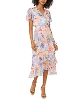 Vince Camuto Women's Floral-Print Flutter-Sleeve Tiered Midi Dress