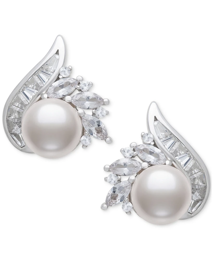 Belle de Mer Cultured Freshwater Pearl (8-9mm) & Lab Created White Sapphire (2 ct. t.w.) Mixed Cut Swirl Stud Earrings in Sterling Silver