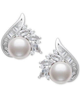 Belle de Mer Cultured Freshwater Pearl (8-9mm) & Lab Created White Sapphire (2 ct. t.w.) Mixed Cut Swirl Stud Earrings in Sterling Silver