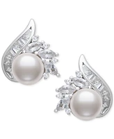 Belle de Mer Cultured Freshwater Pearl (8-9mm) & Lab Created White Sapphire (2 ct. t.w.) Mixed Cut Swirl Stud Earrings in Sterling Silver