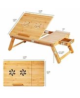 Bamboo Laptop Lap Tray with Adjustable Legs and Tilting Heat-dissipation Top