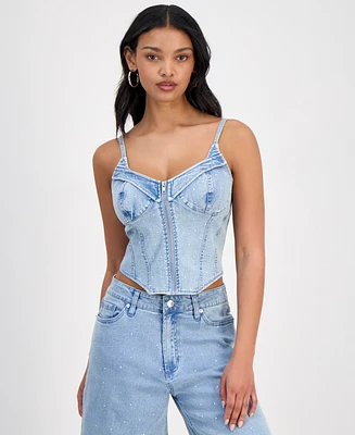 Bar Iii Women's Studded Denim Corset Top, Exclusively at Macy's