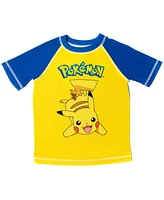 Pokemon Boys Pikachu Upf 50+ Rash Guard Swim Trunks Outfit Set to