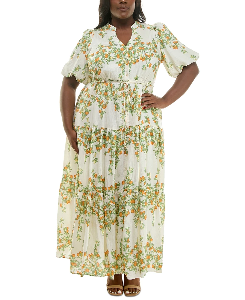 Taylor Plus Floral Split-Neck Puff-Sleeve Maxi Dress
