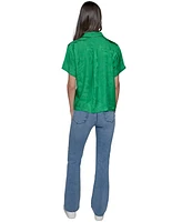 Karl Lagerfeld Paris Women's Short Sleeve Jacquard Button Front Top