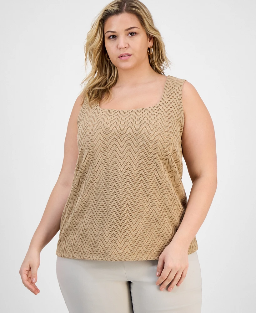 Kasper Plus Herringbone Knit Square-Neck Tank Top
