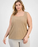 Kasper Plus Herringbone Knit Square-Neck Tank Top