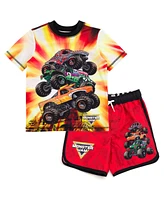 Monster Jam Toddler Boys Pullover Rash Guard and Swim Trunks Outfit Set