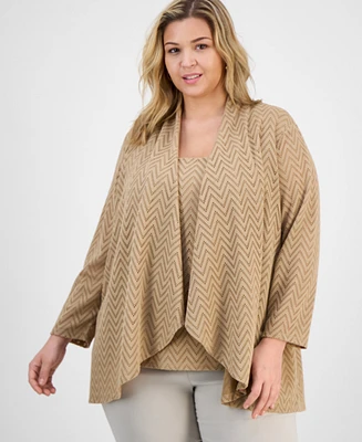 Kasper Plus Herringbone Knit High-Low Cardigan