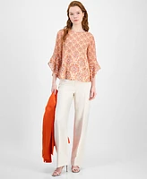 Kasper Women's Printed Boat-Neck Ruffle-Sleeve Blouse, Regular & Petite Sizes