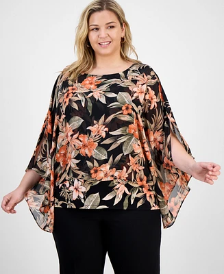 Kasper Plus Floral 3/4-Sleeve Poncho Top