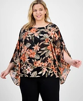 Kasper Plus Floral 3/4-Sleeve Poncho Top