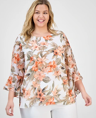 Kasper Plus Printed Flared-Sleeve Blouse