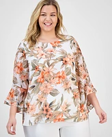 Kasper Plus Printed Flared-Sleeve Blouse