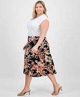 Kasper Plus Printed Pull-On Midi Skirt