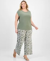 Kasper Plus Beaded-Neckline Short-Sleeve Top