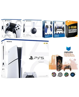 Sony Playstation 5 Slim Disc with White Pulse Headset, Extra Edge Controller, Trigger Stop Kit, Fps Grip Kit and MightySkins Decal Voucher + 1 Year Cp