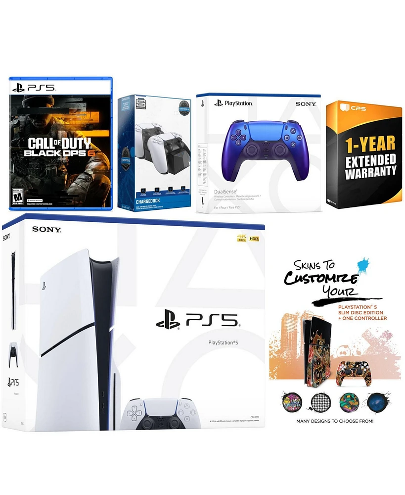 Sony Playstation 5 Slim Disc with Call of Duty Black Ops 6, Extra Volcanic Red Controller, Charge Dock and MightySkins Voucher + 1 Year Cps Extended W