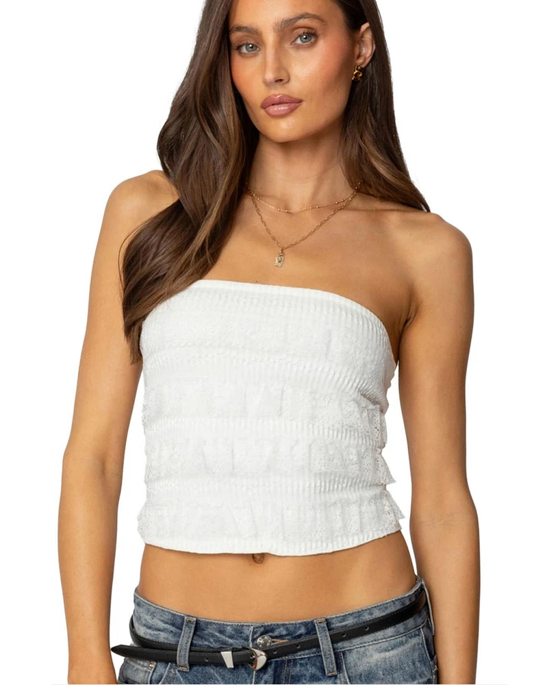 Edikted Women's Georgette Lacey Ruffle Tube Top