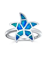 Bling Jewelry Nautical Tropical Beach Blue Created Opal Inlay Starfish Ring .925 Sterling Silver