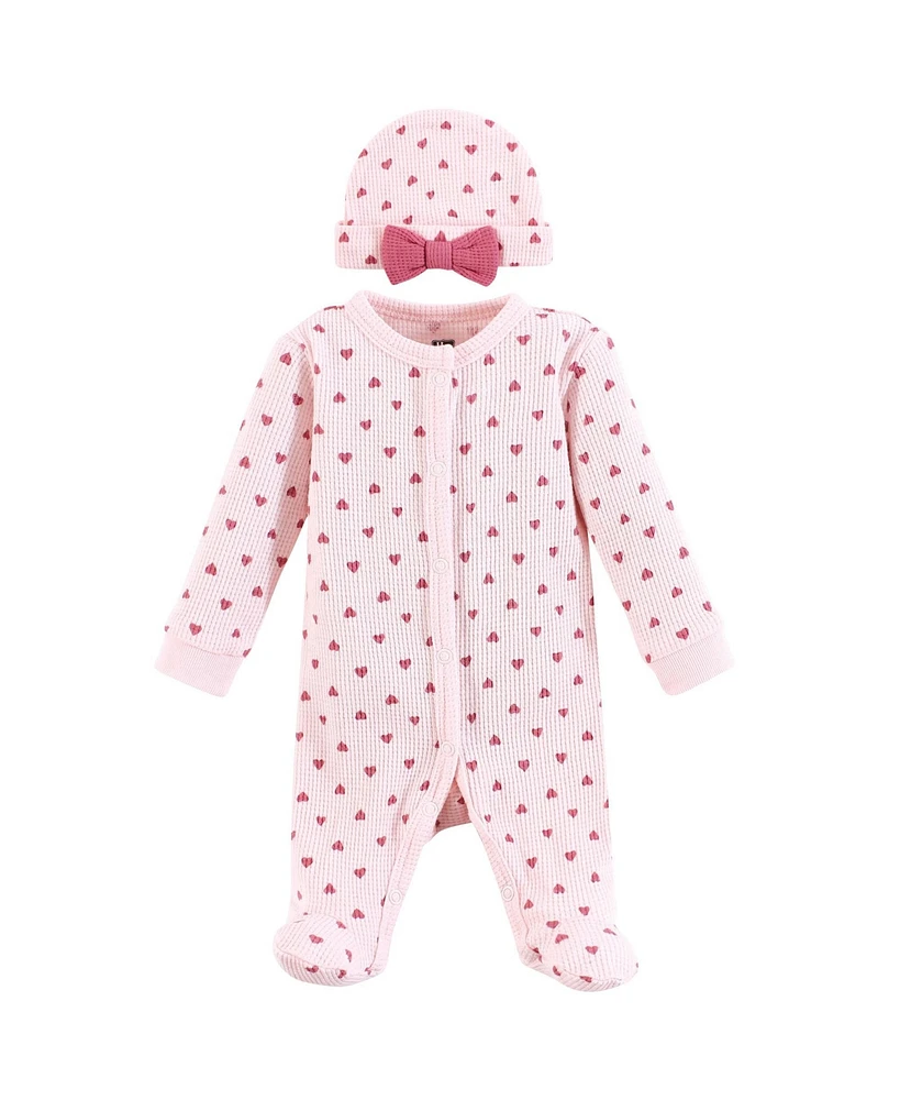 Hudson Baby Baby Girls Hudson Thermal Preemie Sleep and Play and Cap, Pink Hearts, Preemie